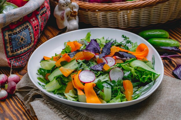 Free photo dry apricot salad with carrot radish lettuce aragon basil dill parsley side view