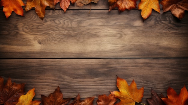 Dry autumn leaves background with wood