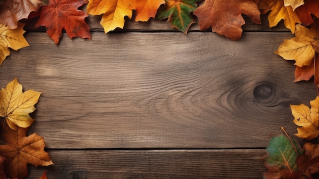 Dry autumn leaves background with wood