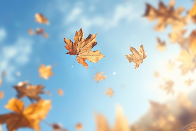 Free photo dry autumn leaves floating with sky background