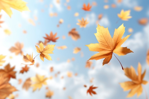 Free photo dry autumn leaves floating with sky background