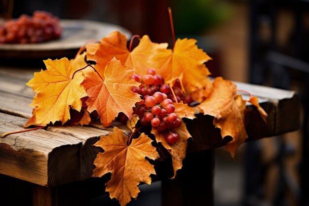 Dry autumn leaves with grapes