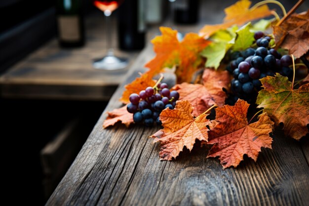 Dry autumn leaves with grapes