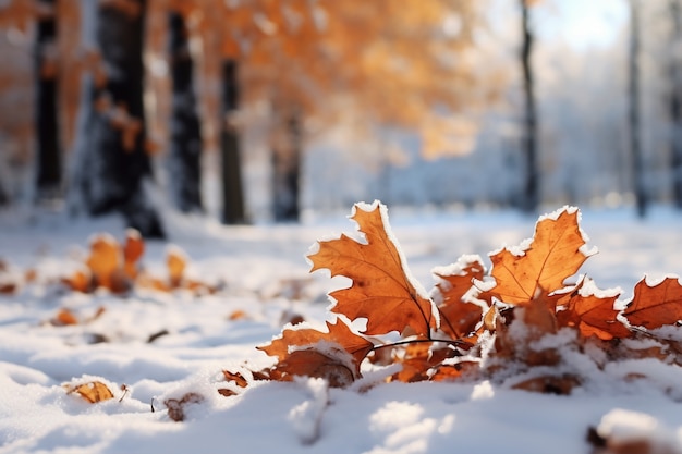 겨울이 시작될 때 눈이 내리는 마른 가을 잎