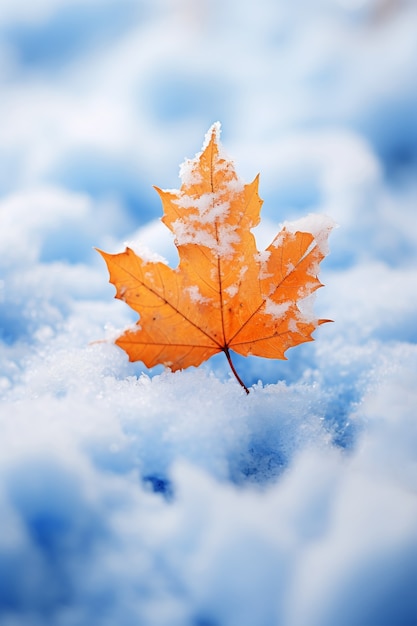 Dry autumn leaves with snow during beginning of winter