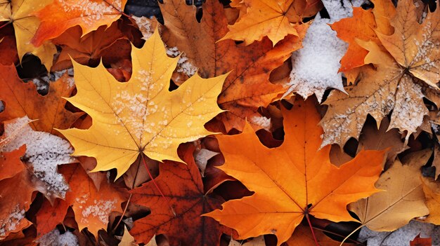 Dry autumn leaves with snow during beginning of winter