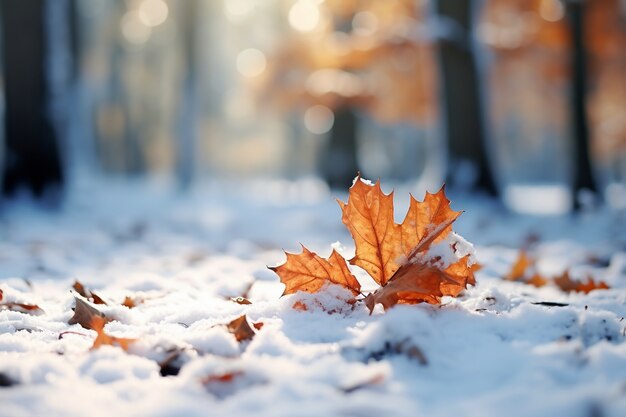 Сухие осенние листья со снегом в начале зимы