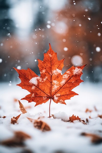 無料写真 冬の初めに雪が積もった乾燥した秋の紅葉