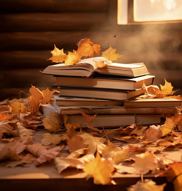 Dry autumn leaves with stack of books