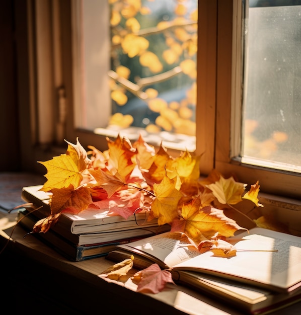 Dry autumn leaves with stack of books