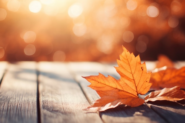 Dry autumn leaves on wooden deck