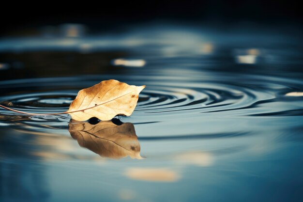 Сухой осенний лист, плывущий по воде