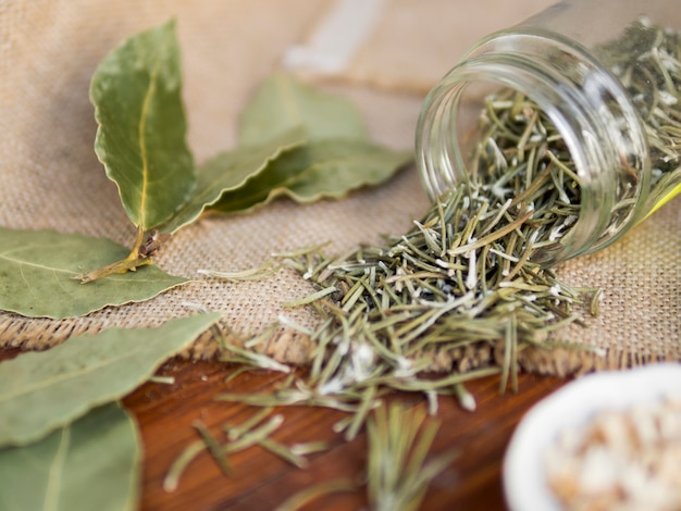 Dry leaves coming out from fallen jar