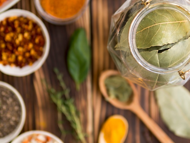 Dry leaves jar with spices