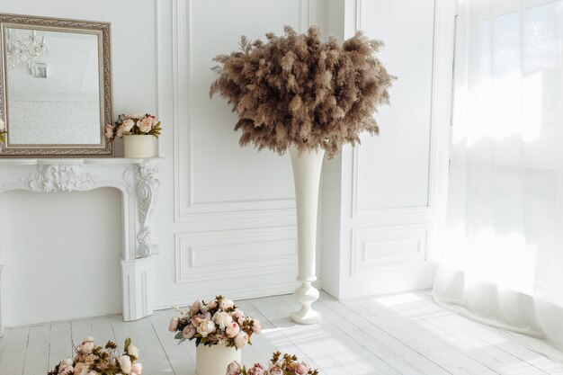 Dry thistle, burdock and reeds common bulrush in vase isolated on white wall background