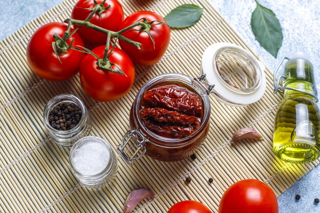 Dry tomatoes with olive oil.