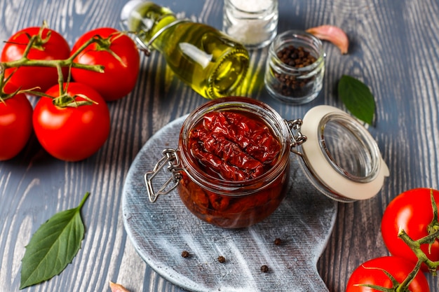 Dry tomatoes with olive oil.