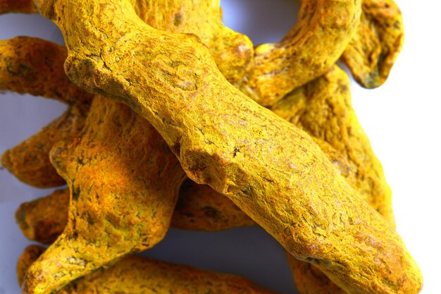 Dry Turmeric roots or barks isolated on white background. Top view. Still life. Copy space. Flat lay. Close-up