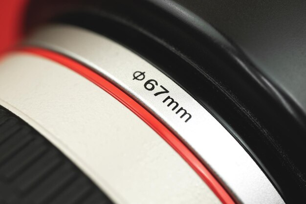Dslr camera filter size close up, 67mm diameter on lens