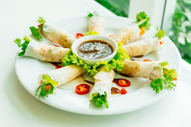 Duck meat inside spring roll