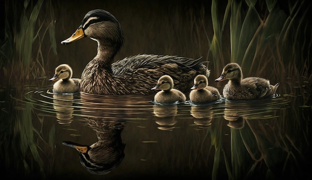 Free photo a duck with her ducklings on the water