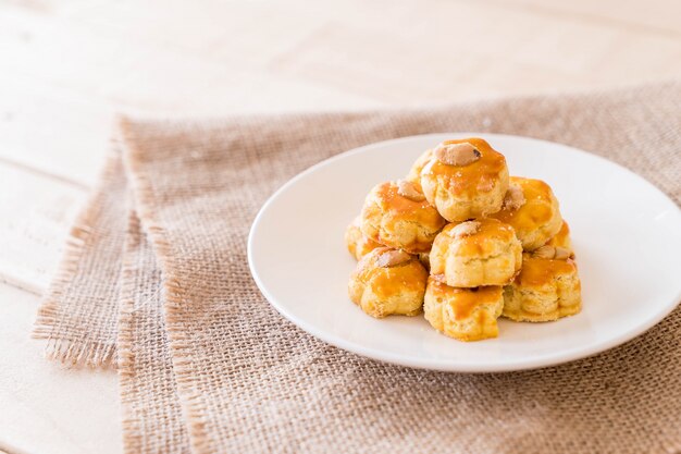 durian cookies on white plate