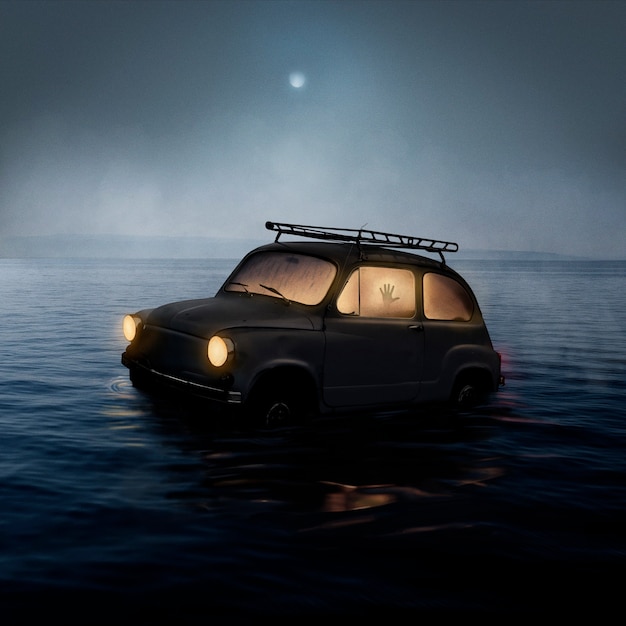 Free photo dystopian landscape with car in water