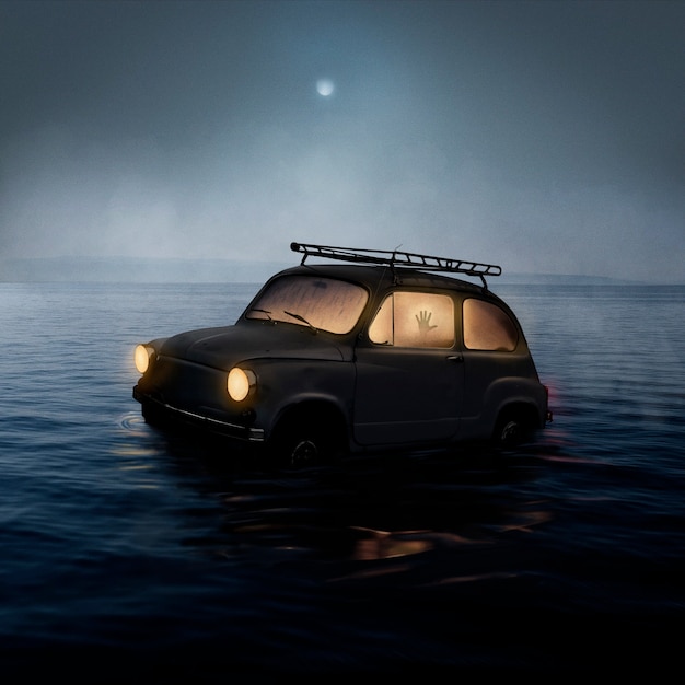 Dystopian landscape with car in water