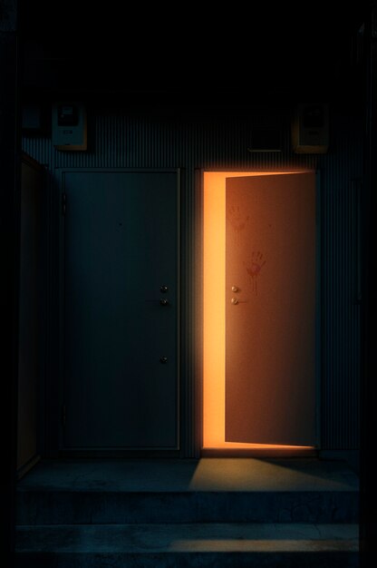 Dystopian landscape with door and light