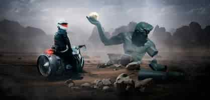 Free photo dystopian landscape with futuristic motorcycle and monster