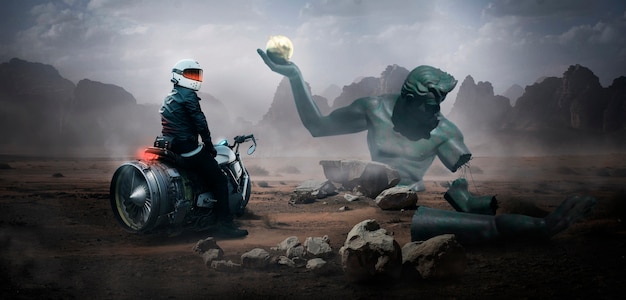 미래의 오토바이와 괴물이 있는 디스토피아 풍경