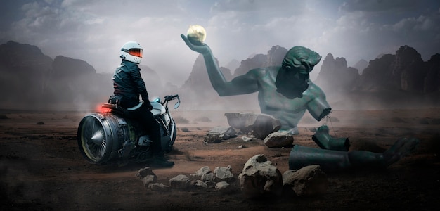 Dystopian landscape with futuristic motorcycle and monster