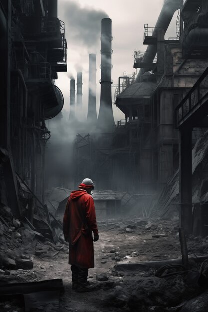 Dystopian scene with destroyed landscape and apocalyptic atmosphere