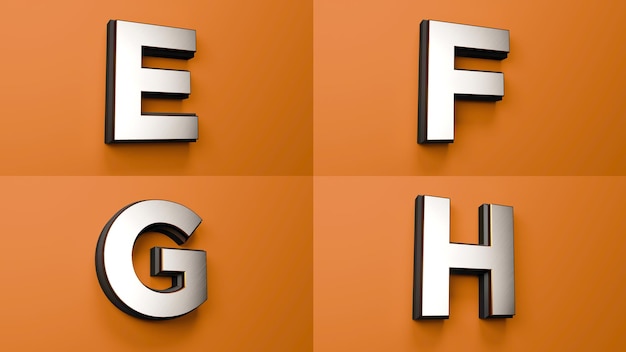 E f g h alphabet silver gold and black font orange background 3d premium letters 3d illustration