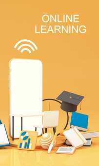 Концепция электронного обучения со смартфоном и символом wi-fi в окружении шапки выпускника, открытых книг, воздушного шара, линейки, статистического графика, карандаша и увеличительного стекла на синем и желтом фоне 3d рендеринг