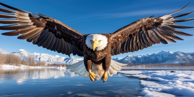 Free photo eagle flying over lake