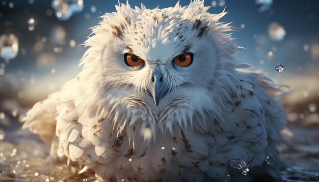 Free photo eagle owl perched on snowy branch staring into sunset generated by ai