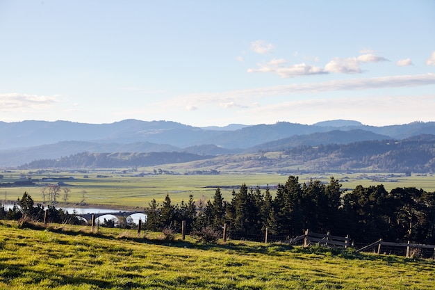 Бесплатное фото Ранний утренний пейзаж сельскохозяйственных угодий недалеко от эврики, калифорния, в округе гумбольдт