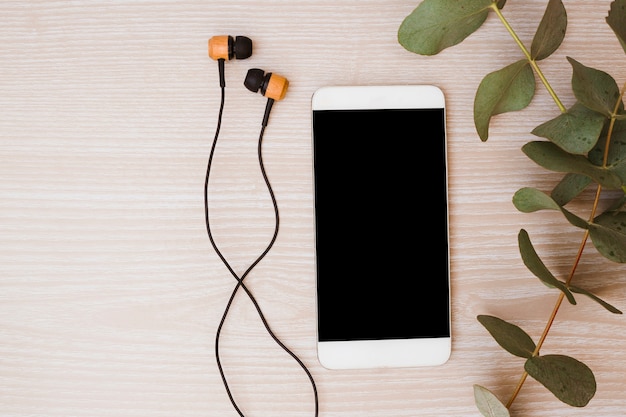 Earphone; mobile phone and leaves on wooden background