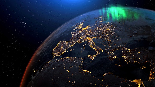 宇宙から夜のスカイラインへの地球衛星ビューで回転する地球宇宙旅行nasaによって提供されたこの画像のリアルな3dレンダリングアニメーション要素 プレミアム写真 宇宙から夜のスカイラインへの地球衛星ビューで回転する地球宇宙旅行nasaによって提供されたこの画像のリアルな3dレンダリングアニメーション要素 プレミアム写真