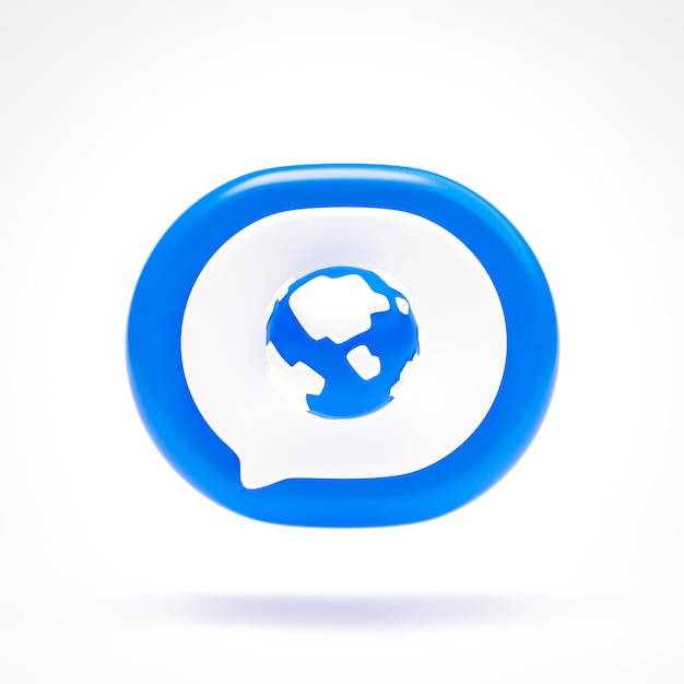 Earth globe internet icon sign symbol button on blue speech bubble on white background 3D rendering