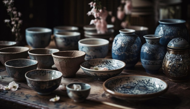 Earthenware pottery collection ornate patterns rustic decoration generated by AI