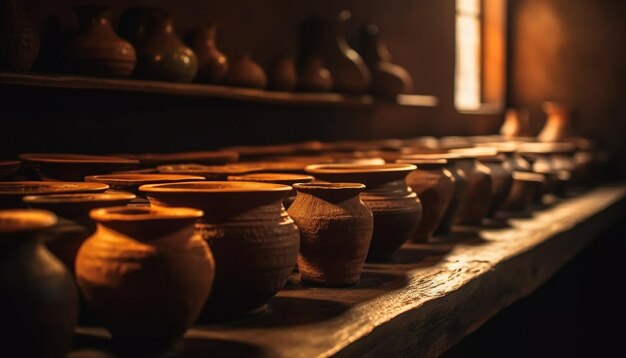 Earthenware pottery in a row on wooden shelf generated by AI