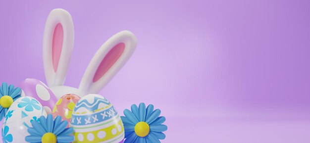 Easter background with eggs and bunny 3D illustration