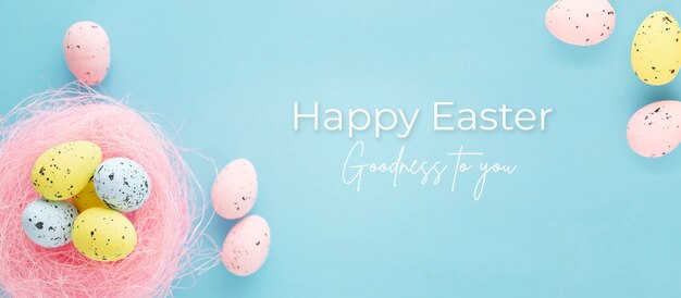 Easter banner with eggs on a blue background