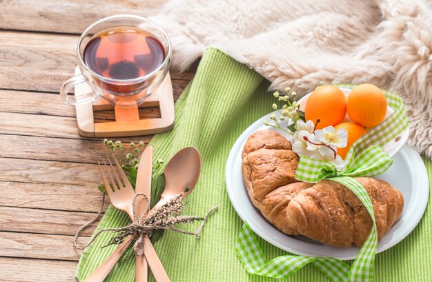Easter breakfast on wooden wall