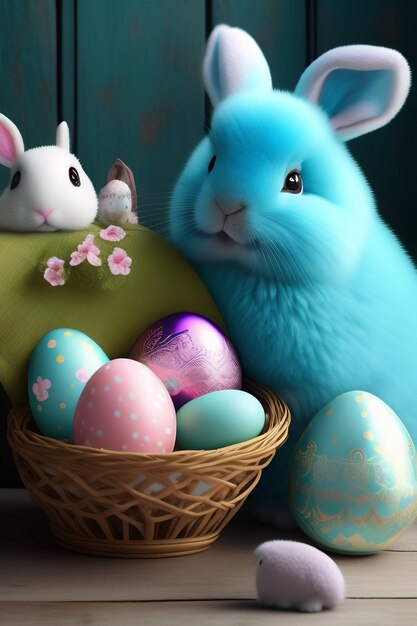 부활절 토끼와 계란 바구니