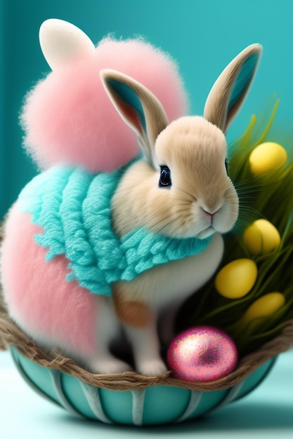 Easter bunny in a blue sweater and a pink easter egg