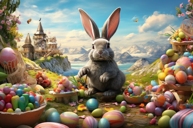 Free photo easter bunny on a fantasy world with eggs