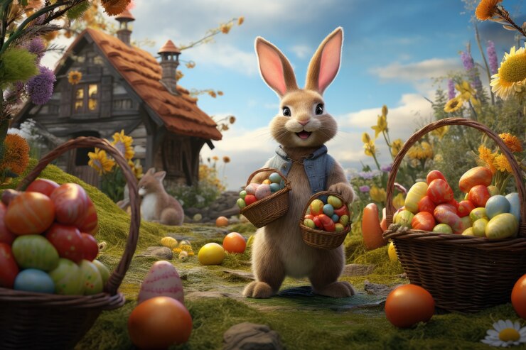Free Photo easter bunny on a fantasy world with eggs